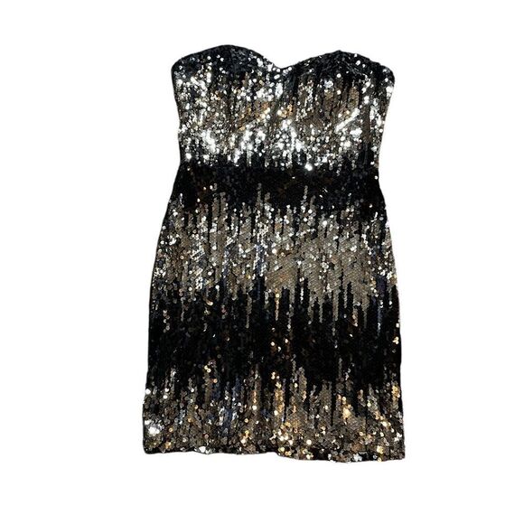 SOCIAL COUTURE Strapless Black and Gold Sequin Dress Size Large - Picture 1 of 9